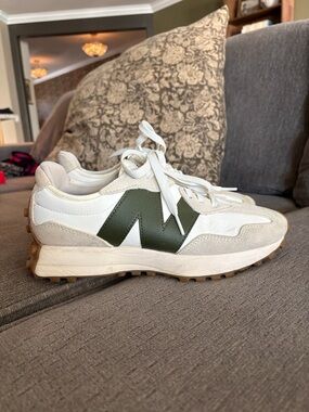 White & Olive Green New Balance Sneakers with Gum Sole